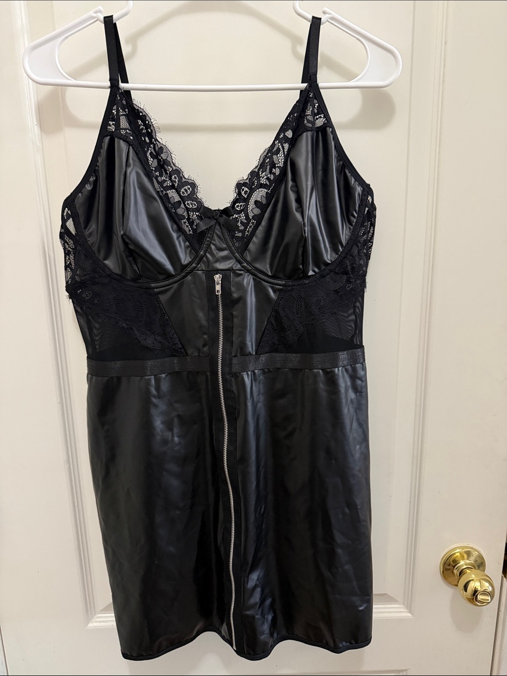 Women’s 1X Black Lace-Trim Faux Leather Chemise Slip Dress Zip Plus Size